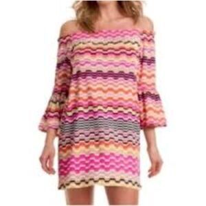 TRINA TURK Bohemian Chevron Striped Bell Sleeve Off The Shoulder Mini Dress Sz M